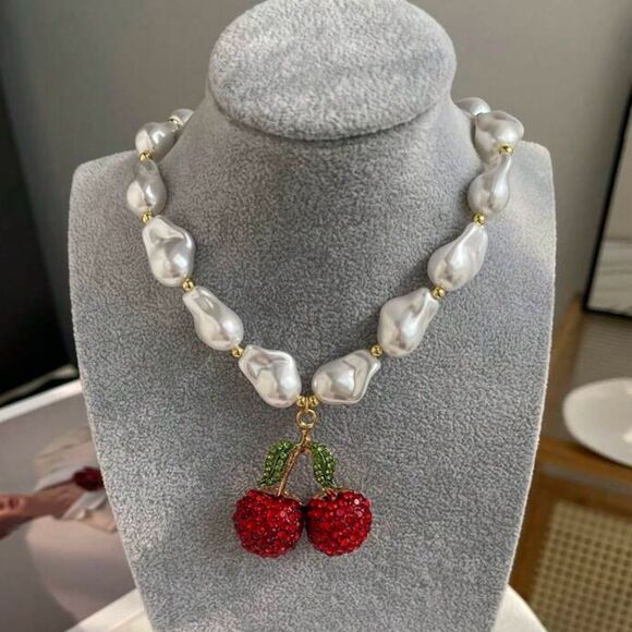 Elegant Pearl Necklace with Cherry Pendant N1490 - Picture 1 of 4